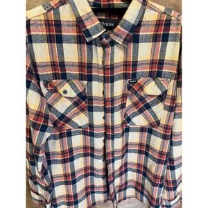 Brixton Mens Bowery Plaid Flannel Button Down Shirt Cream Navy Red Size M